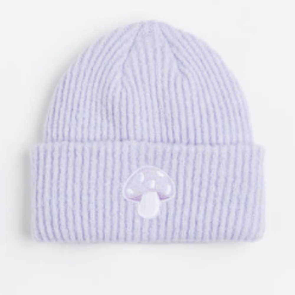 H&M light purple and embroidered mushroom chunky tuque hat beanie NWT